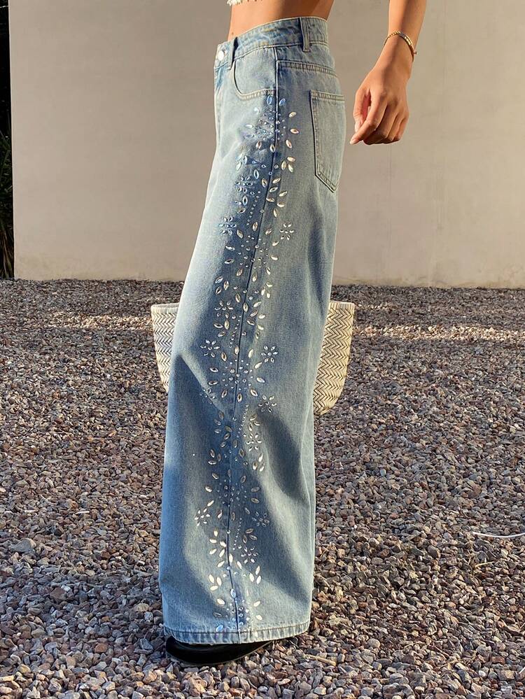 Women's Regular Mid-Rise Rhinestone Embellished Wide Leg Casual Jeans