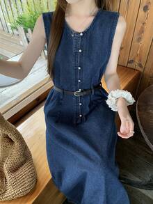 DAZY Đầm denim dài không tay cổ tròn đính cúc ngọc trai dành cho nữ, kiểu dáng thường ngày. - Rửa tối - Xem 7