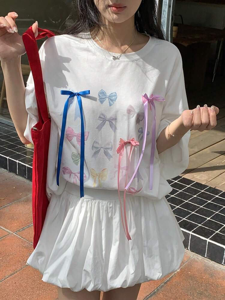 Women's Summer Round Neck Short Sleeve Loose Bowknot Decor Printed Casual Oversized T-Shirt