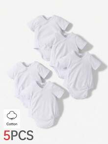 SHEIN 5件套新生儿男女通用纯白色柔软舒适针织连体衣，侧边纽扣设计，夏季套装，婴儿服装，男女通用5件套连体衣套装，男女通用服装，新生儿休闲百搭连体衣，日常休闲连体衣，多件套连体衣组合，0-9个月 - 白色 - 查看 3