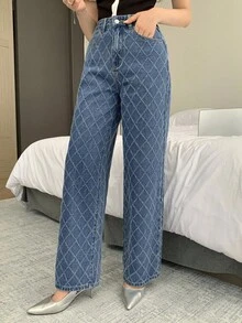 Dazy Tall Tall Women's Textured Plaid Loose Straight Leg Casual Jeans - Medium Wash - View 3