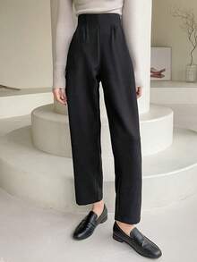 DAZY High Waist Plicated Detail Trousers - Black - View 2