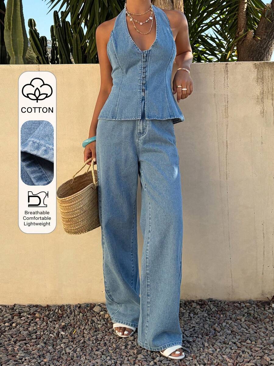 DAZY Bộ đồ denim nữ mùa hè, gồm áo hai dây cài khuy và quần dài. - Màu xanh lam - Xem 1
