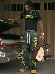 AXEPEAK Men's Casual Fashion Street Letter Print Contrast Stitch Short Sleeve T-Shirt And Camo Drawstring Waist Wide Leg Pants Set, Spring/Summer/Autumn Men 2 Piece Set Graphic Mens 2 Piece Pants Set Men Camouflage Graphic Pants Men Graphic Sweatpants Mens Streetwear - Multicolor - View 1