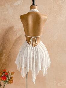 Soleia 女士花卉蕾丝不对称荷叶边下摆时尚露背连衣裙波西米亚风夏季服装女士夏季套装女士沙滩派对服装女士沙滩裙女士度假泳装罩衫 - 白色 - 查看 2