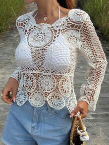 DAZY Women's Hollow Out Knit Blouse, Suitable For Beach, Holiday, Vacation Summer - White - View 5