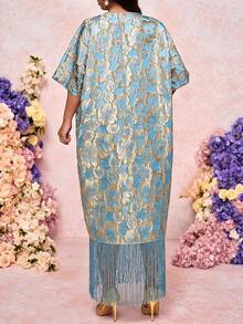 SHEIN Lady 春夏优雅精致派对鸡尾酒会音乐会/音乐节香槟闪耀长款连衣裙套装，大码婚礼宾客礼服，女士婚礼宾客礼服，婚礼派对礼服，生日礼服，女士生日礼服，女士生日套装，女士优雅连衣裙，女士优雅连衣裙，大码刺绣圆领流苏优雅连衣裙，夏季连衣裙，节日礼服，女士婚礼宾客礼服，女士奢华晚礼服，女士毕业礼服，女士优雅连衣裙 - 藍色 - 查看 2