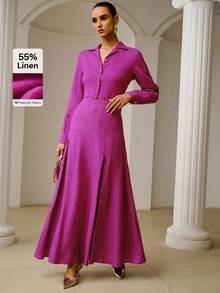 ZEYLAH 亚麻极简拼接A字中长裙，春夏款 - 玫紅色 - 查看 1