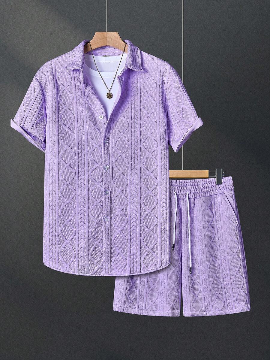 Manfinity Homme Conjunto de 2 piezas de camisa y pantalones cortos de unicolor y textura casual para hombre de verano - Púrpura malva - Ver 1