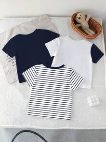Bộ 3 áo thun cổ tròn kẻ sọc và in hình cho bé trai, phù hợp cho bé trai mới biết đi, phong cách thường ngày, thể thao, chạy bộ, đường phố, đi học, đơn giản, thoải mái cho mùa xuân, hè và thu. - trắng - Xem 5