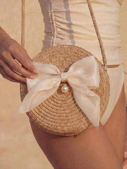 Swim Chiccia 女士时尚迷你卡其色蝴蝶结草编斜挎包，沙滩必备，夏季度假必备女士包包，柳条包，情人节，夏季吸睛沙滩包，夏季女士草编沙滩包，最热门女士沙滩包，时尚夏季度假包，沙滩必备女士包包，时尚女士蝴蝶结钱包，最新度假包