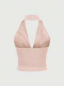 SHEIN PETITE 女士亮片金属针织露背吊带短款上衣，性感紧身吊带背心 - 粉色 - 查看 2