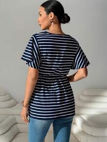 MaterniWear Camiseta de manga corta con cuello en V y rayas para mujeres embarazadas, de verano - Azul - Ver 8