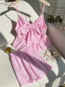 Comfortcana Rosa rutigt plusstorlek damlinne och shorts i 2-delat set - Rosa - Visa 6