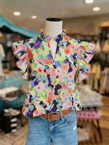 SHEIN Franclia 花卉印花装饰，浪漫假日度假风格女士V领短袖衬衫 - 彩色 - 查看 1