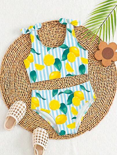 Young Girl Striped Lemon Print Bikini Top And Triangle Bottoms Casual Holiday Swimsuit Set