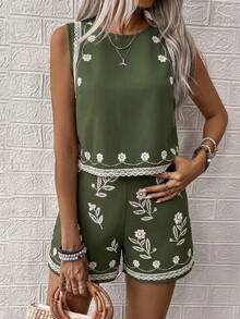 SHEIN LUNE 女士梭织休闲印花夏季两件套 - 綠色 - 查看 6