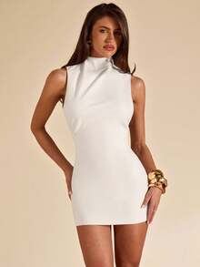 SHEIN BAE 白色不对称无袖露背针织迷你连衣裙，简约夏季白色连衣裙，返校季，毕业季，纯白，婚礼宾客着装，极简优雅性感连衣裙，优雅连衣裙，婚礼宾客服装，度假约会 - 白色 - 查看 3