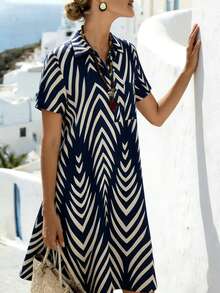 Balvessa Women's Geometric Print Short Sleeve Casual Mid-Length Dress - Blue - View 4