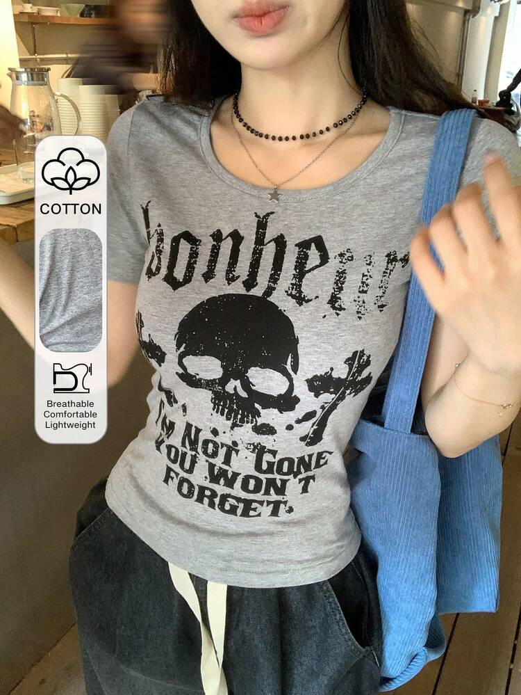 Women's Skull Print Round Neck Fashionable Short Sleeve T-Shirt Graphic Tees Women Summer