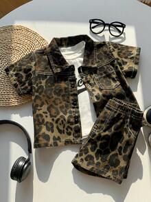 SHEIN 3pcs/Set Unisex Baby Boy/Girl Casual Leopard Print Denim Outfit, White T-Shirt, Knit Top, Leopard Denim Shirt Jacket And Shorts, Spring/Summer Baby Clothes, Streetwear Set - Brown - View 4