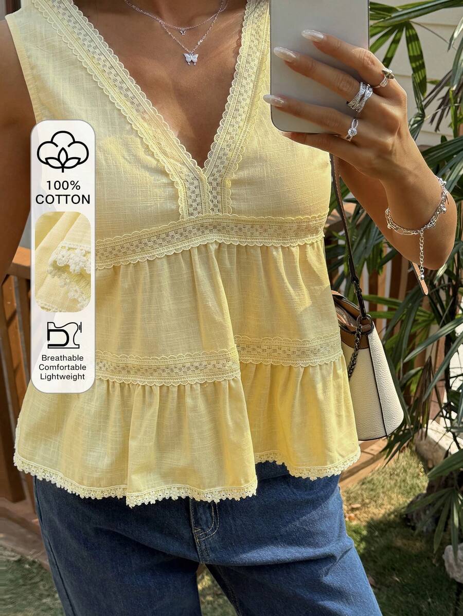 Strévra 100%纯棉蕾丝拼接纯色V领收腰度假背心，女士款，黄色，夏季 - 淡黃色 - 查看 1