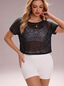 Eassivo Eassivo 女士时尚休闲优雅健身跑步户外宽松透气露背短袖瑜伽运动上衣，夏季 - 黑色 - 查看 4