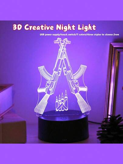 1个枪形3D夜灯，7色触控灯，创意礼物，彩色夜灯，USB供电，适用于游戏室、圣诞派对、生日派对、卧室、桌面装饰，礼品