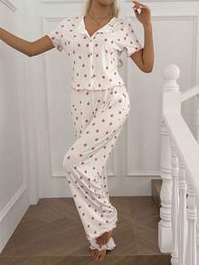 SHEIN Bộ đồ ngủ 2 món gồm áo cardigan tay ngắn in hoa và quần dài. - trắng - Xem 4