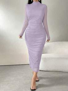 Modelyn 女士纯色简约日常长袖网纱连衣裙长款女装晚礼服 - 淡紫色 - 查看 7