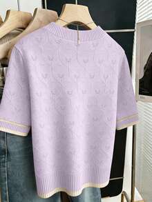 SHEIN Clasi Áo kiểu nữ thường ngày, đơn giản, phù hợp đi làm, ngày Valentine, phong cách đường phố, đa năng, công sở, thanh lịch, trí thức, cổ tròn, kẻ sọc, dáng suông, tay ngắn, phối màu, màu mơ, dáng rộng, dáng thẳng, áo chui đầu, cỡ lớn, áo dệt kim, mùa xuân hè - Màu tím - Xem 2