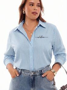 SHEIN EZwear 大码女式休闲长袖翻领纽扣衬衫 - 彩色 - 查看 7