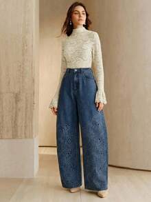 Anewsta 春夏蓝色独特刺绣阔腿喇叭牛仔裤，高腰宽松筒状修身喇叭裤，女士款 - 藍色 - 查看 6