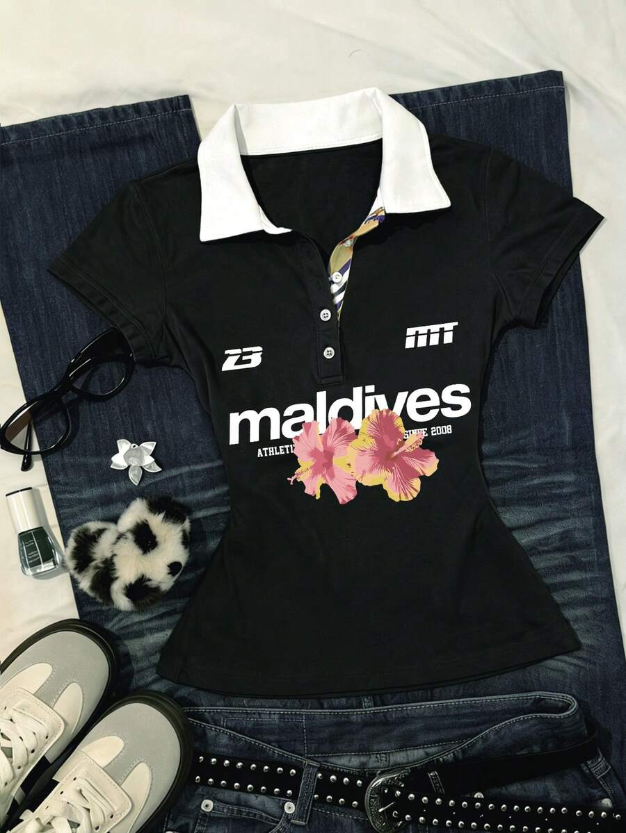 Glimmora 女士T恤/纯棉修身Polo领短袖T恤 女士时尚上衣/夏季基础款热销黑色纽扣上衣/夏季 - 彩色 - 查看 1