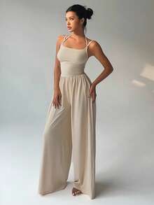 SHEIN Tall 女士休闲褶皱宽松直筒连体裤，春夏款 - 杏色 - 查看 4