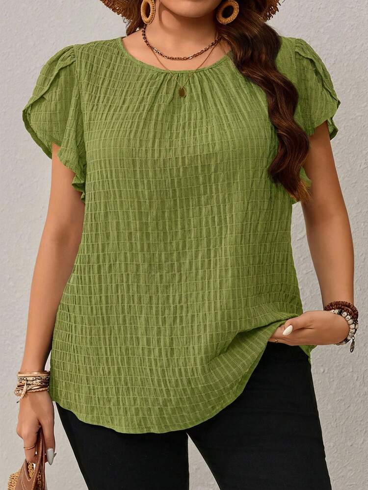Plus Size Women's Summer Green Petal Sleeve Blouse,Petal Sleeve Blouse, Early Spring And Summer For Women, Vacation Blouse Top Shirt,Summer Outfits For Women ,Vacation Outfits Women ,Holiday Outfits For Women,Going Out Outfits,2026 New Clothes,Simple And Fashionable For Everyday Wear,Suitable For Summer, Vacation, Daily Wear