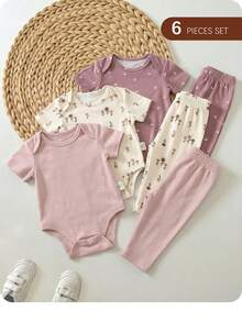 SHEIN 6件套碎花舒适透气短袖连体衣 - 粉色 - 查看 3