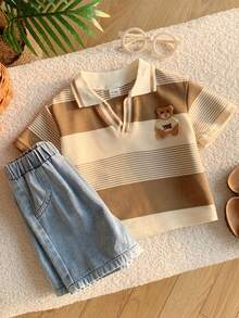 SHEIN 2pcs Baby Boy Summer Casual Khaki Striped Polo Shirt And Blue Denim Shorts Set - Multicolor - View 1