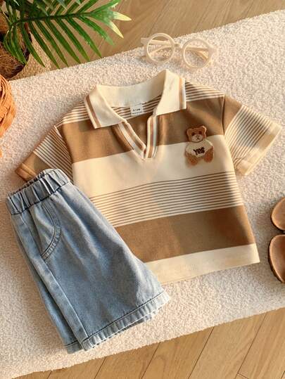 SHEIN 2pcs Baby Boy Summer Casual Khaki Striped Polo Shirt And Blue Denim Shorts Set