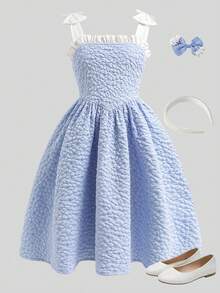 1pc Girls Jacquard Weave Vacation Style Sleeveless Waist Cinched Lightweight Summer Dress - Blue - View 4