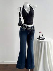 Elamini Women's Casual Low-Waist Flare Jeans - Blue - View 3