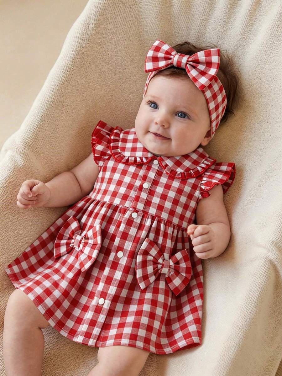 SHEIN Newborn Casual Everyday Bow Tie Red & White Plaid Cap Sleeve Dress + Headband, Versatile For Summer Outings, Photo Shoots Or Daily Wear - Red - View 1