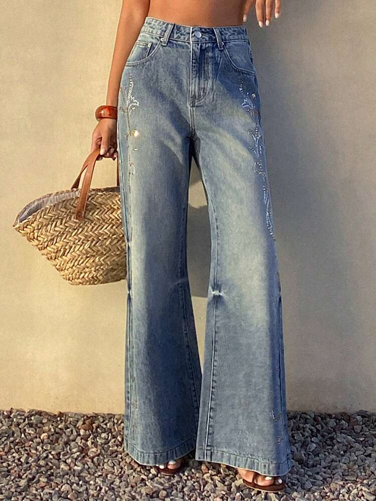 Women's Regular Mid-Waist Rhinestone Embellished Flare Jeans, Elegant Long Pants