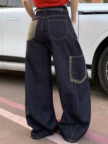 Women's Regular Waist Leopard Print Patchwork Pocket Decor Loose Straight Leg Casual Jeans - Dark Wash - View 3