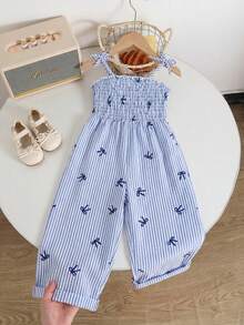 女童复古波西米亚风吊带纹理面料宽松阔腿连体裤，黑白图腾印花，简约优雅飘逸，适合春季、夏季、派对、外出、度假穿着。 - 藍色 - 查看 7