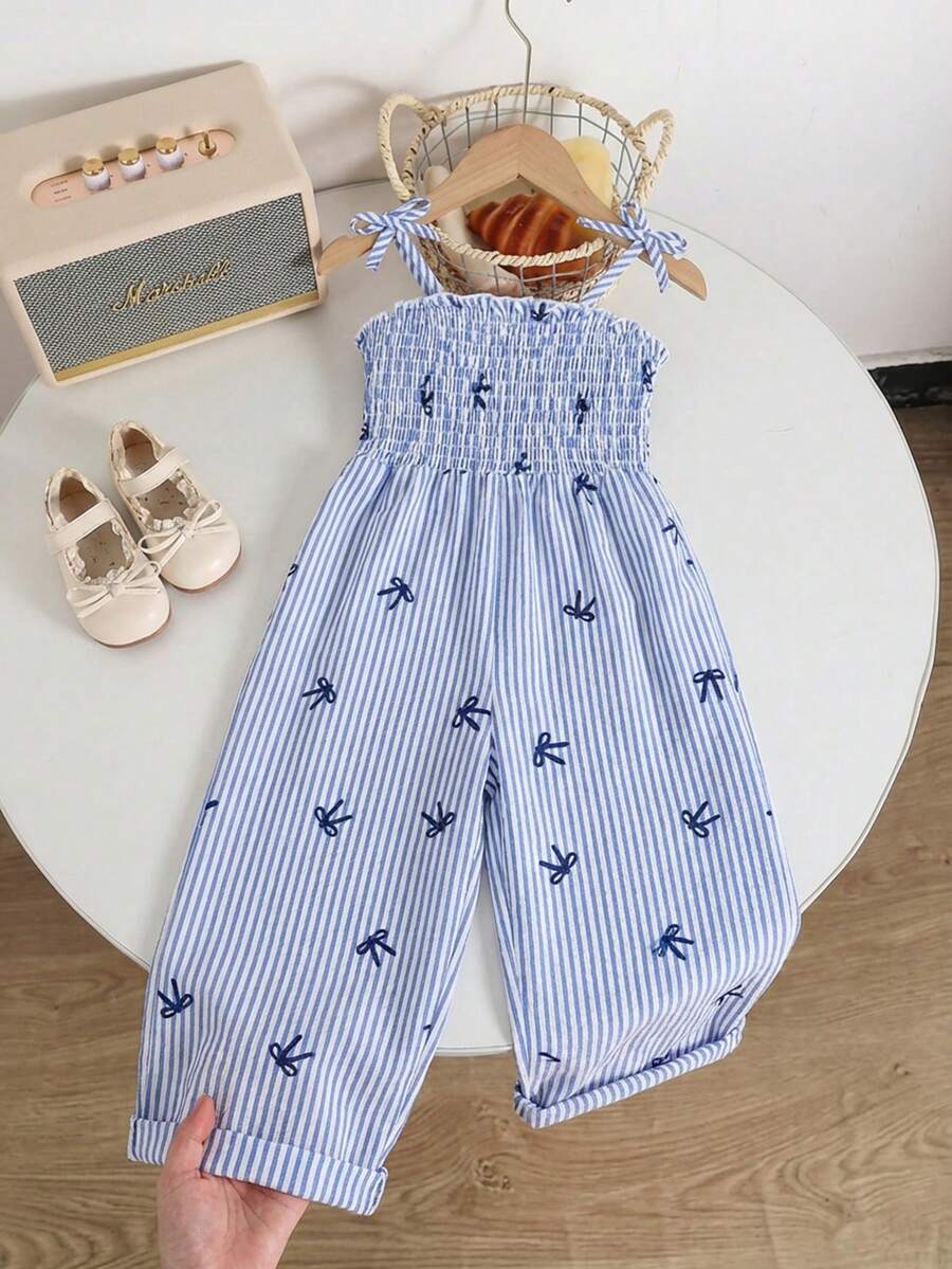 女童复古波西米亚风吊带纹理面料宽松阔腿连体裤，黑白图腾印花，简约优雅飘逸，适合春季、夏季、派对、外出、度假穿着。 - 藍色 - 查看 1