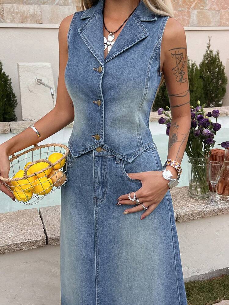 Women's Denim Vest Top And Loose Long Denim Skirt Vacation Style 2-Piece Set