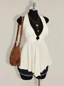 SHEIN ICON Plus Size Y2K Style Hollow Out Asymmetrical Hem Babydoll Halter Neck Knit Camisole - Apricot - View 6