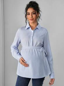 Momance Áo bầu tay dài kẻ sọc thời trang, kiểu dáng thường ngày. - Màu xanh lam - Xem 3