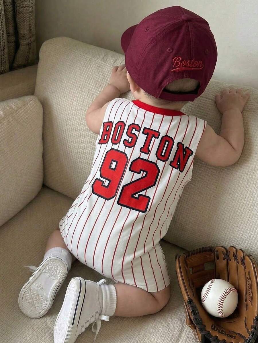 SHEIN Pelele sin mangas rojo lindo para bebé unisex, chaqueta de béisbol, ropa y conjuntos de primavera/verano para niño bebé - Rojo - Ver 1